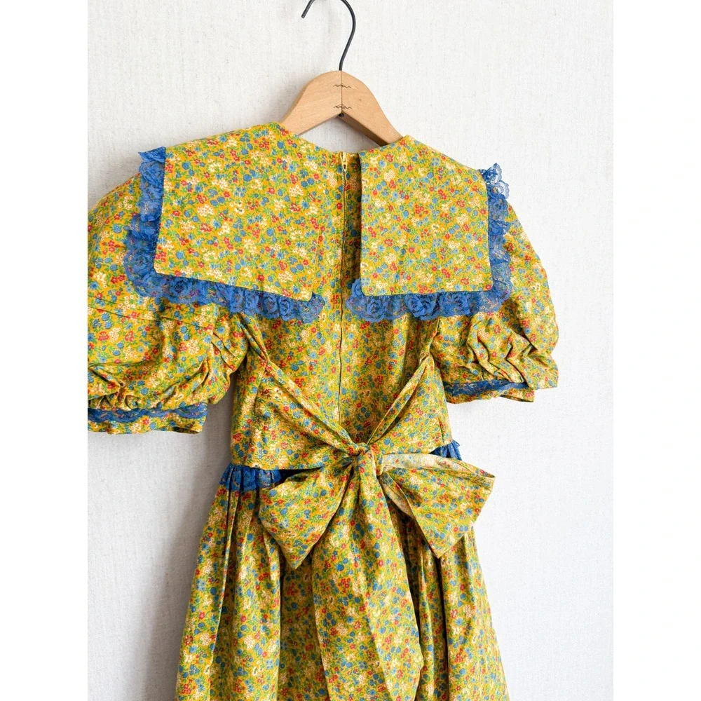 Handmade Vintage Floral Prairie Dress Cottagecore Lace Yellow Blue Kids Girls
